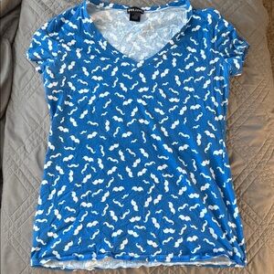 Wet Seal Blue V-Neck T-Shirt with White Mustache Pattern